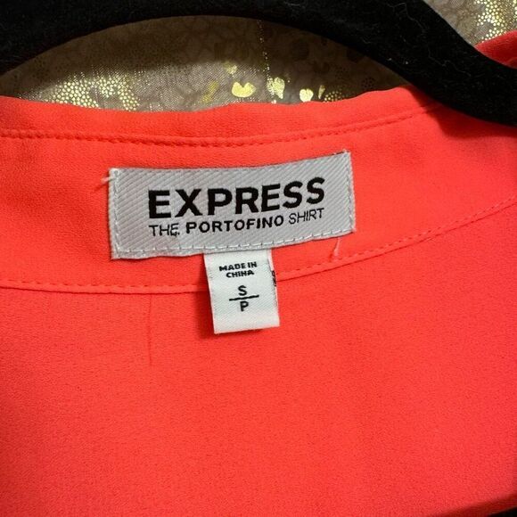 Express Bright Neon Coral Orange Portofino Button Down Top Small - Picture 3 of 5